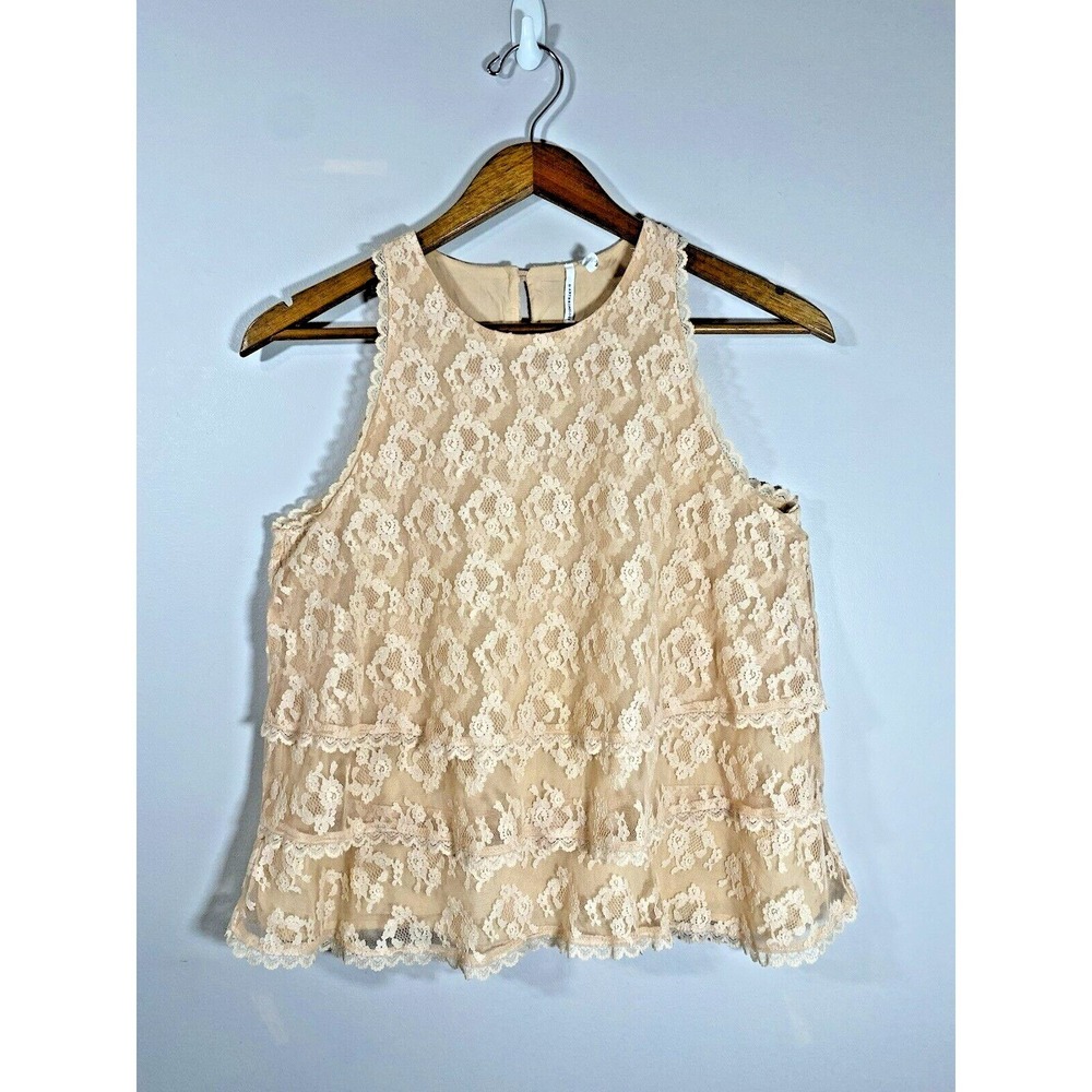 by Anthropologie Peach Beige Tiered Floral Lace High Neck Tank Top Shell‎ Size 6